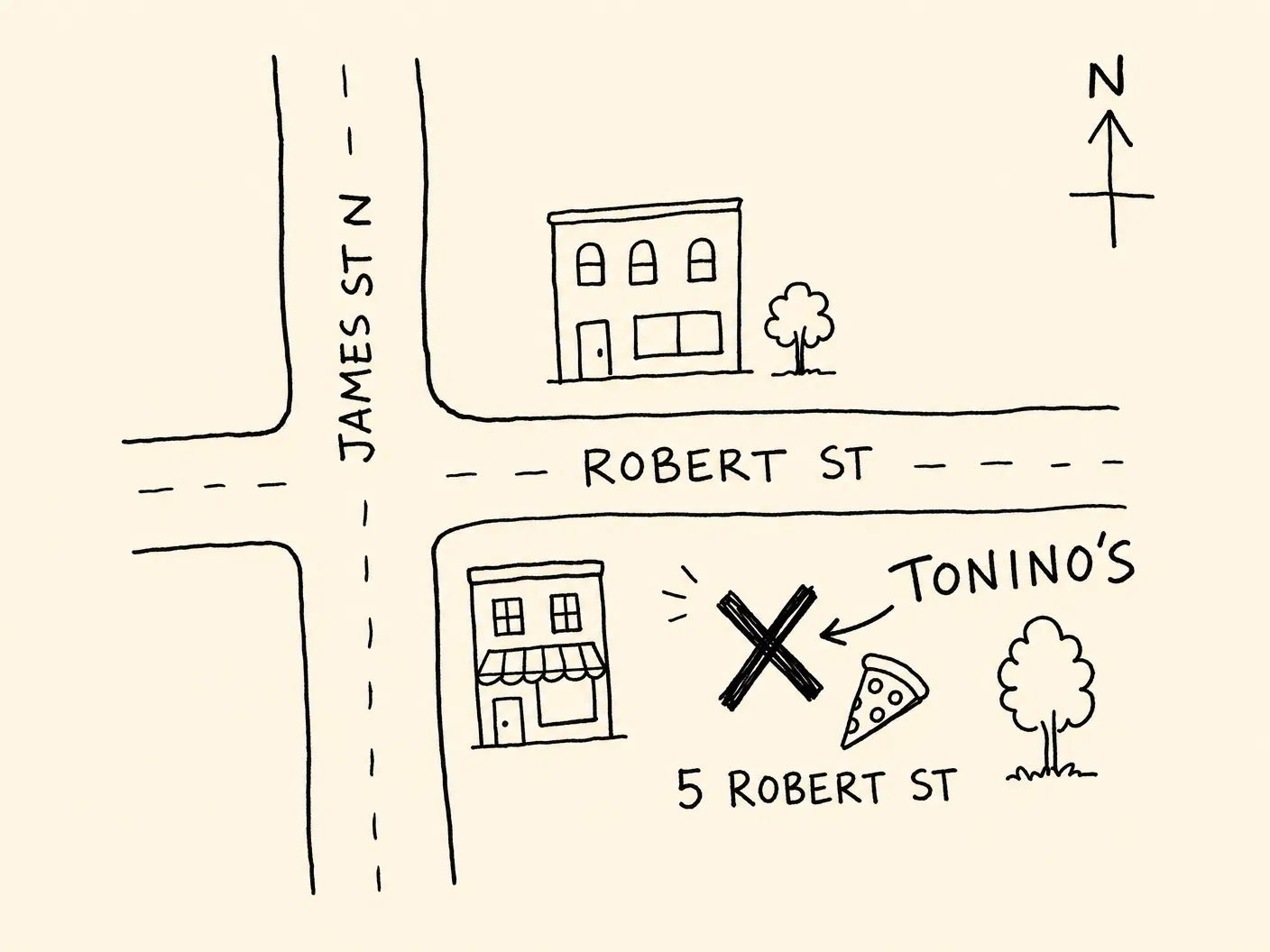 Hand-drawn map showing Tonino's at 5 Robert Street, Hamilton.